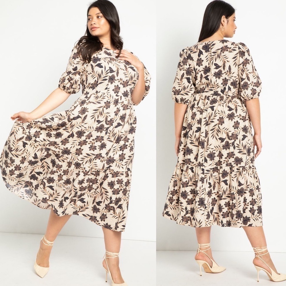 Eloquii Floral Puff Sleeve Midi Dress‎ in Cream Size 16